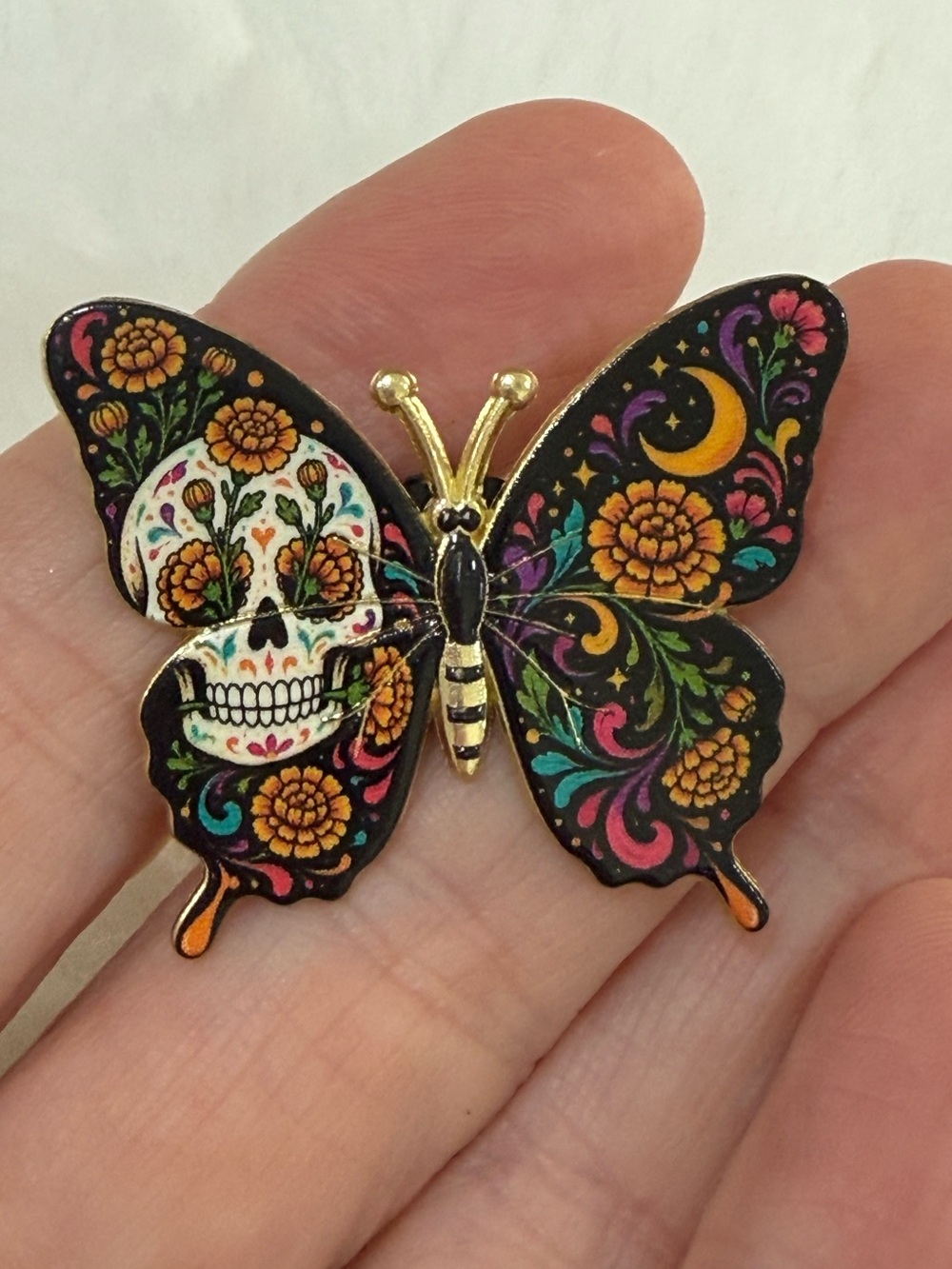 Colorful Sugar Skull Butterfly Enamel Pin - Black & Multicolor